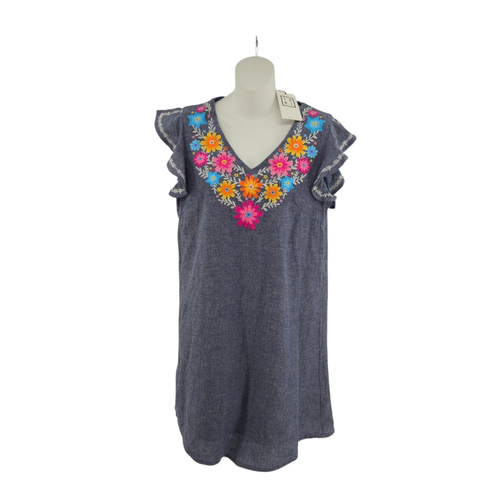 THML Blue Linen Cotton Floral Embroidered Flutter Sleeve Shift Dress S Boho NWT
